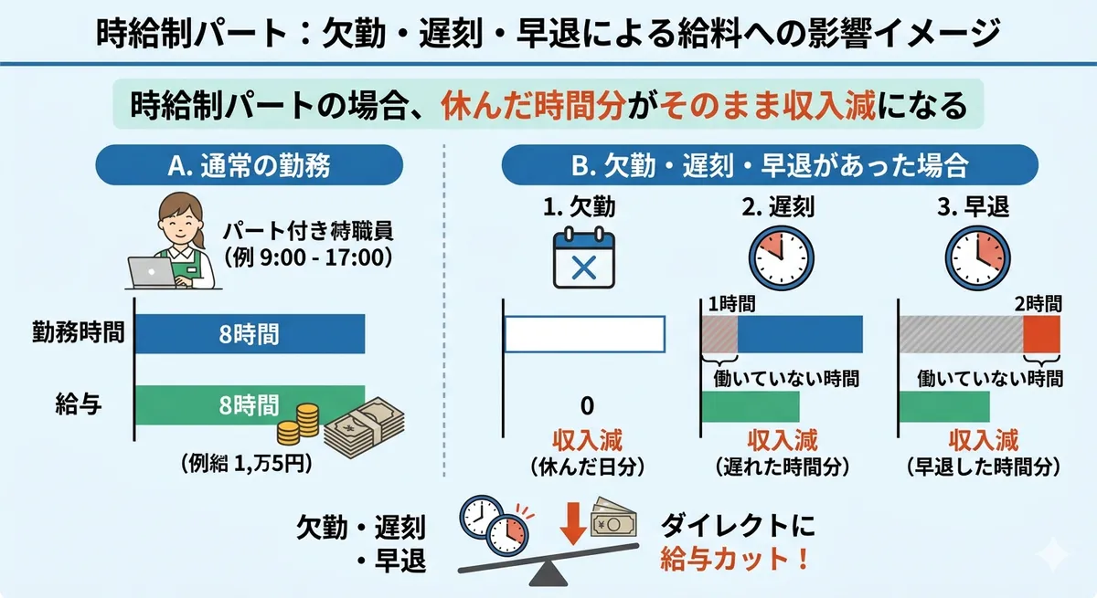 時給制パートの欠勤・遅刻・早退による給料への影響イメージ