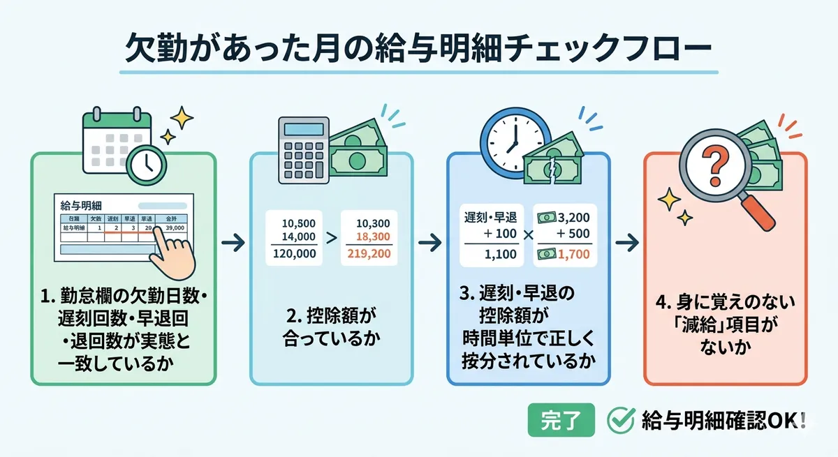 欠勤があった月の給与明細チェックフロー