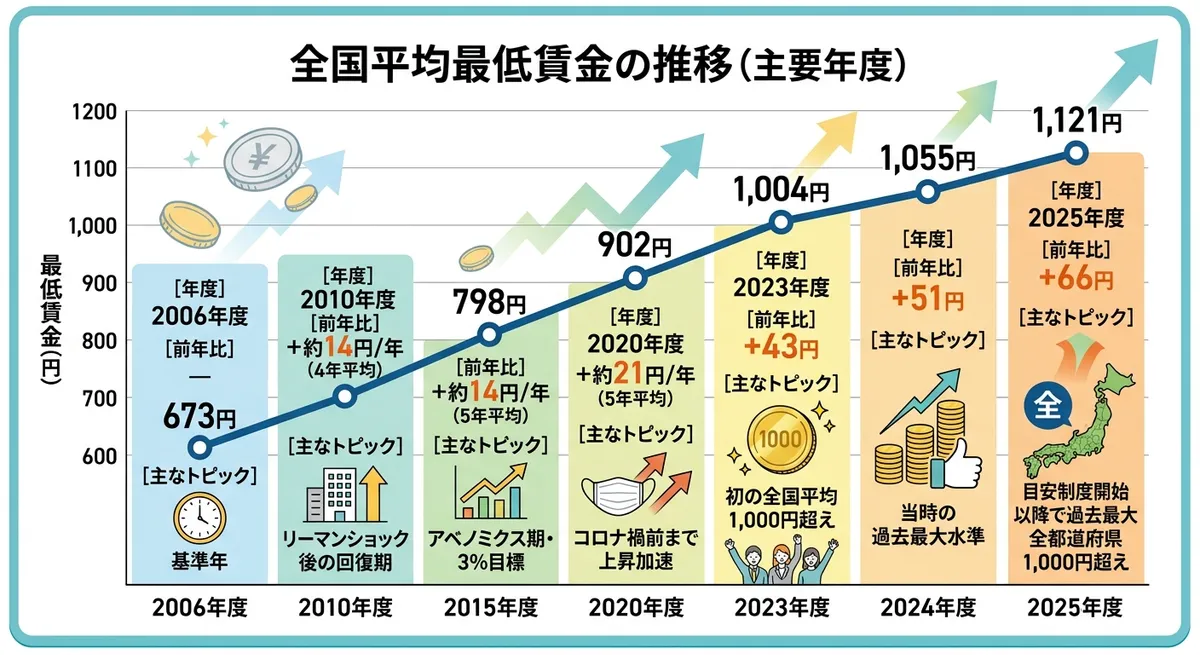 2006年から2025年までの全国平均最低賃金の推移グラフ