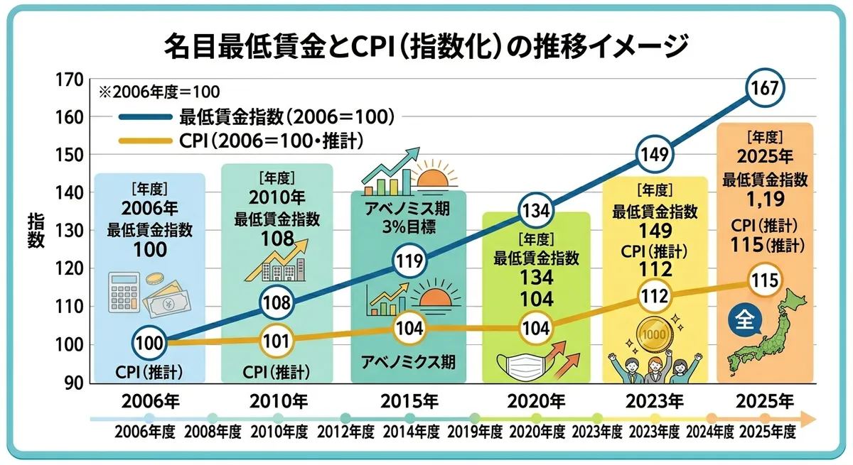 最低賃金の推移と消費者物価指数の推移を重ねたグラフ