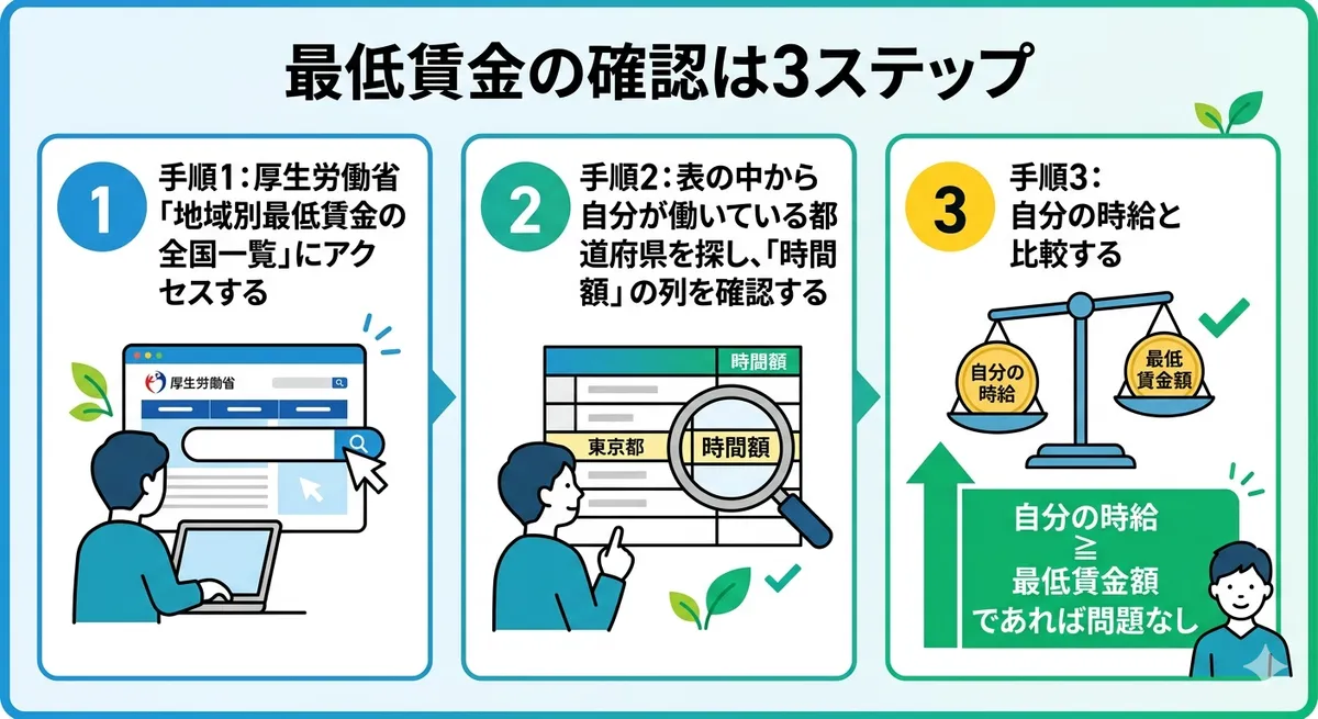 厚生労働省サイトの最低賃金一覧で確認する箇所を示した図
