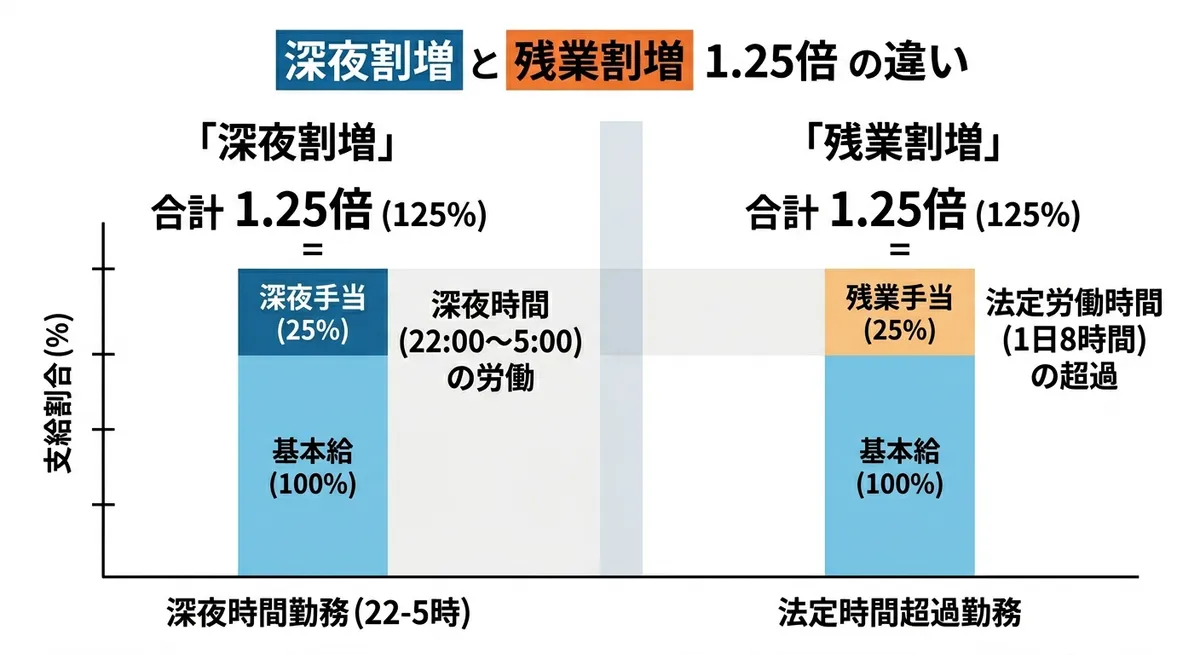 深夜割増の0.25加算と残業の1.25倍の違いが分かる比較イメージ