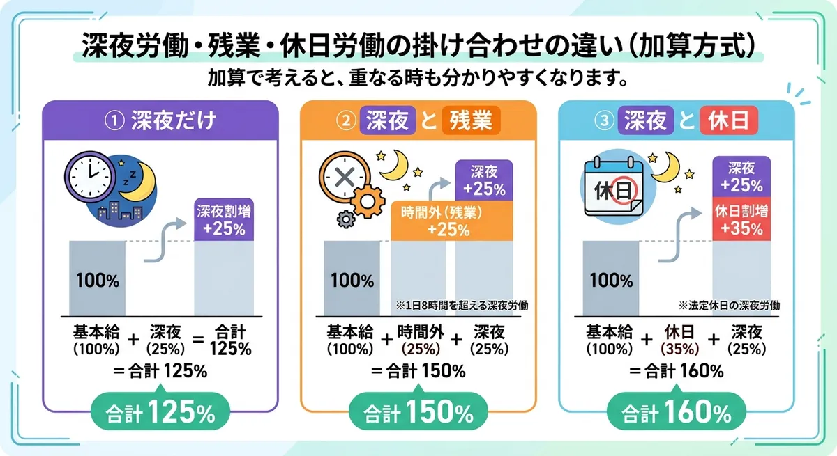 深夜だけ、深夜と残業、深夜と休日の違いを色分けで示したイメージ