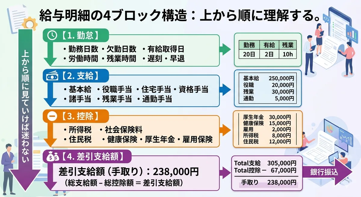 給与明細の4ブロック構造（勤怠・支給・控除・差引支給額）が一目で分かる図