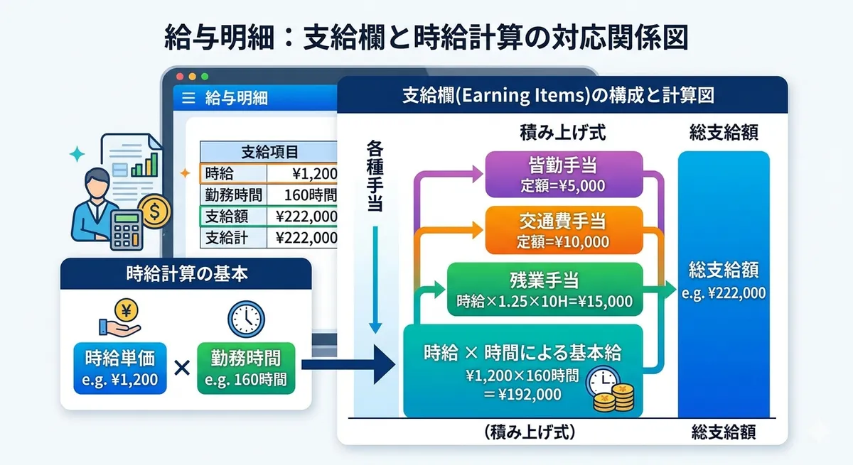 支給欄の各項目と時給計算の関係を示した対応図