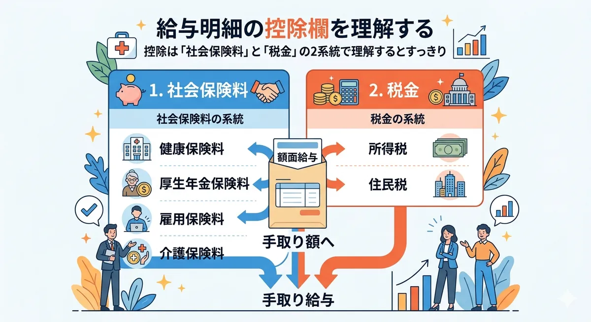 給与明細の控除欄が社会保険料と税金の2系統に分かれていることを示した図