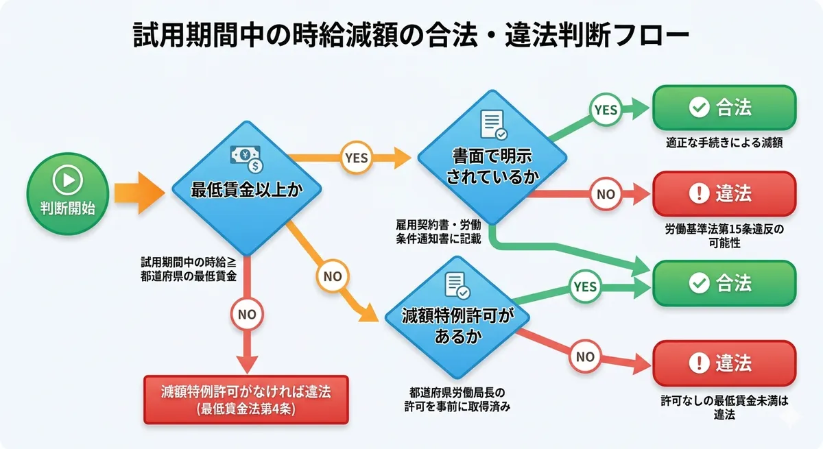 試用期間中の時給減額が合法か違法かの判断フロー