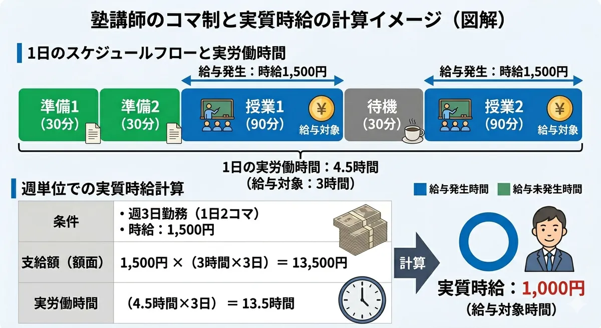 塾講師のコマ制と実質時給の計算イメージ